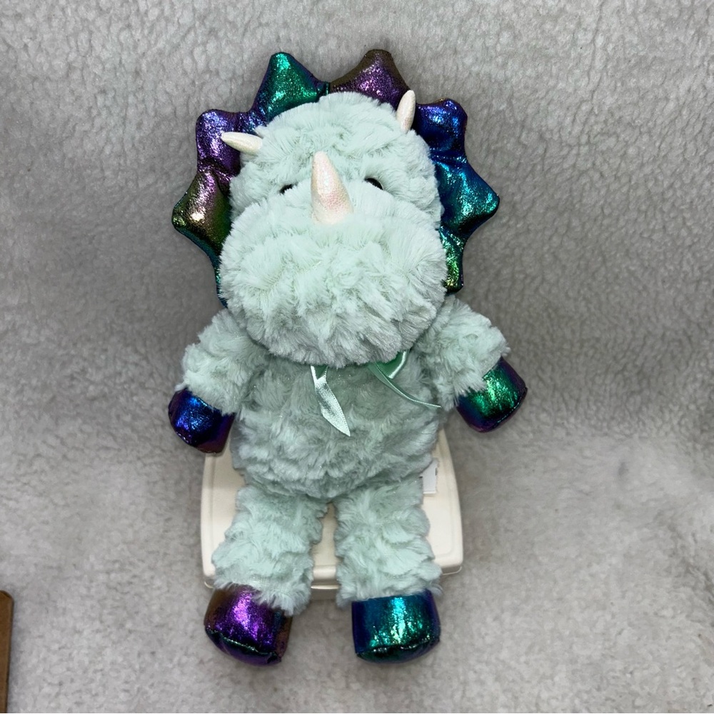Rhino plush Kellytoy 13" mint green with iridecent colorful horns & limbs